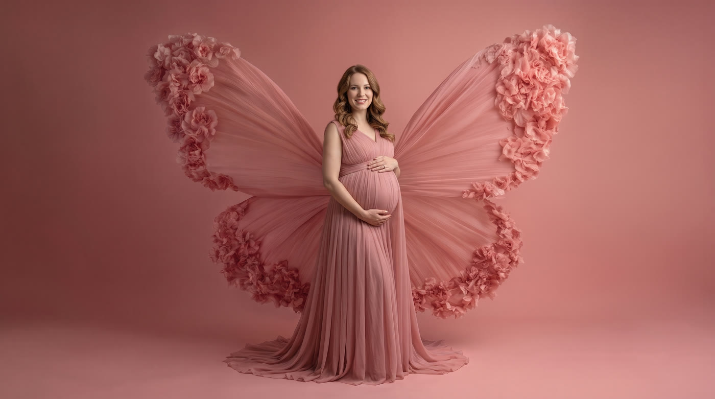 Photo artistique grossesse — ailes de papillon fleuries rosées
