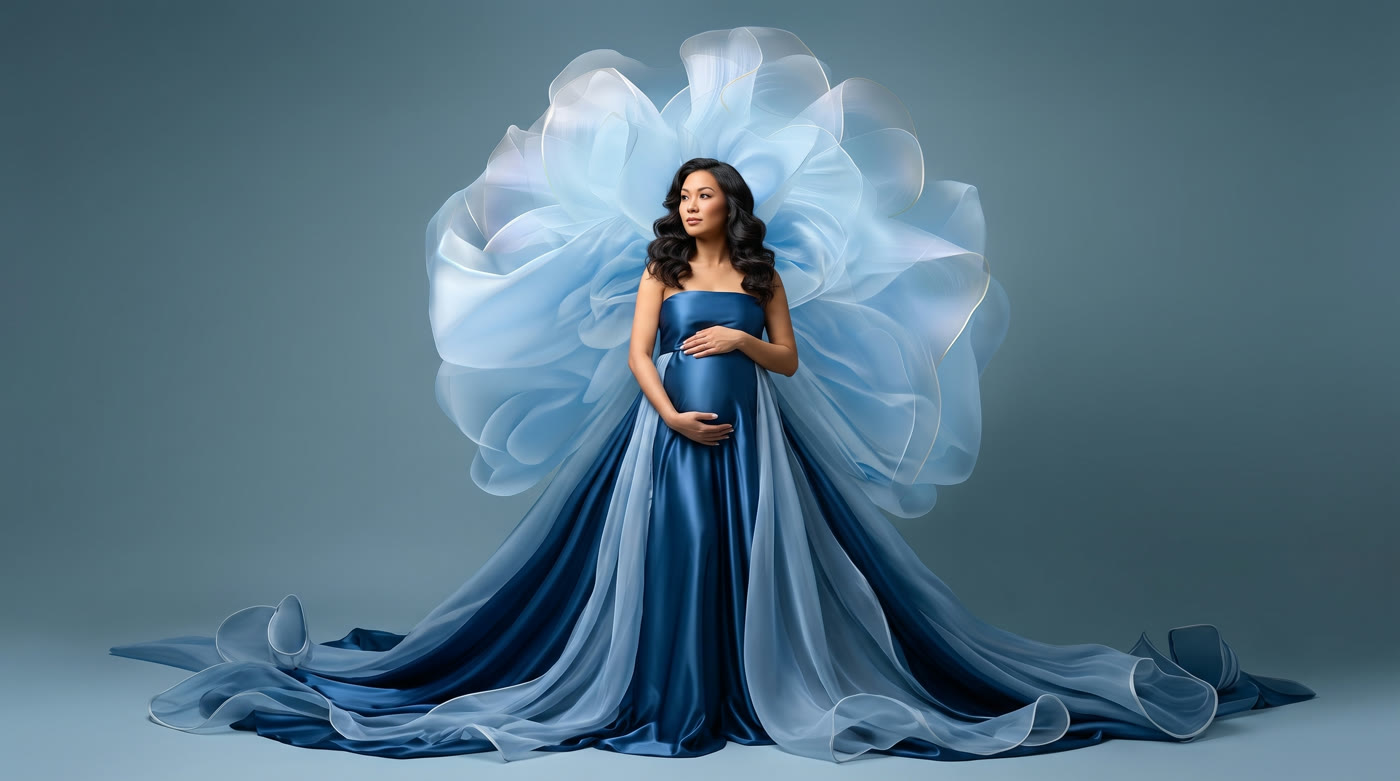 Photo artistique grossesse — éclosion florale bleue