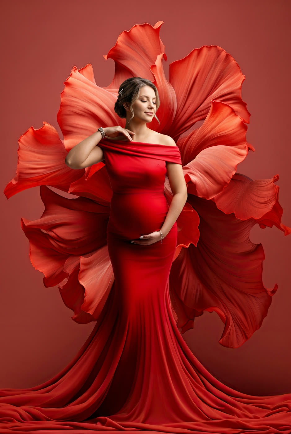 Photo artistique grossesse — corolle de pétales rouges