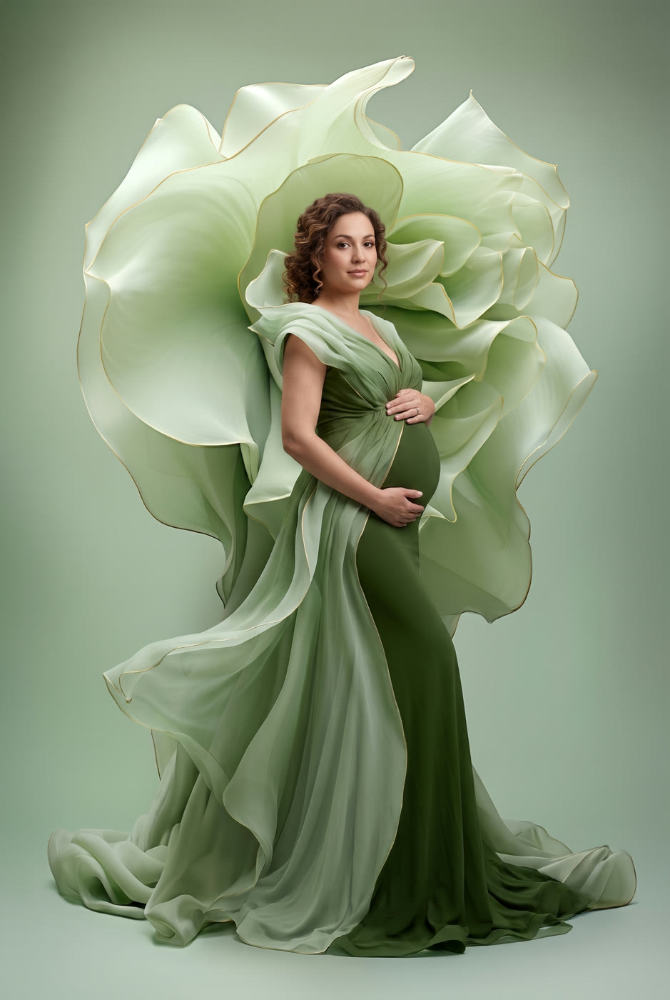 Photo artistique grossesse — éclosion florale vert tendre